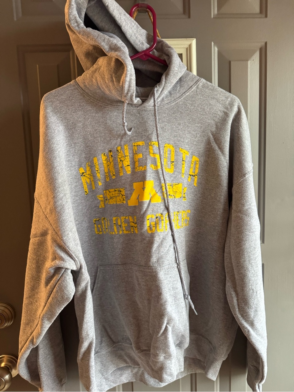 Gildan Gray Hoodie with Distressed Yellow Minnesota Graphic